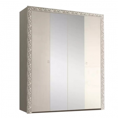 Шкаф 4-х дв. для платья и белья (с зеркалами) Тиффани Премиум (Цвет: Слоновая кость серебро)