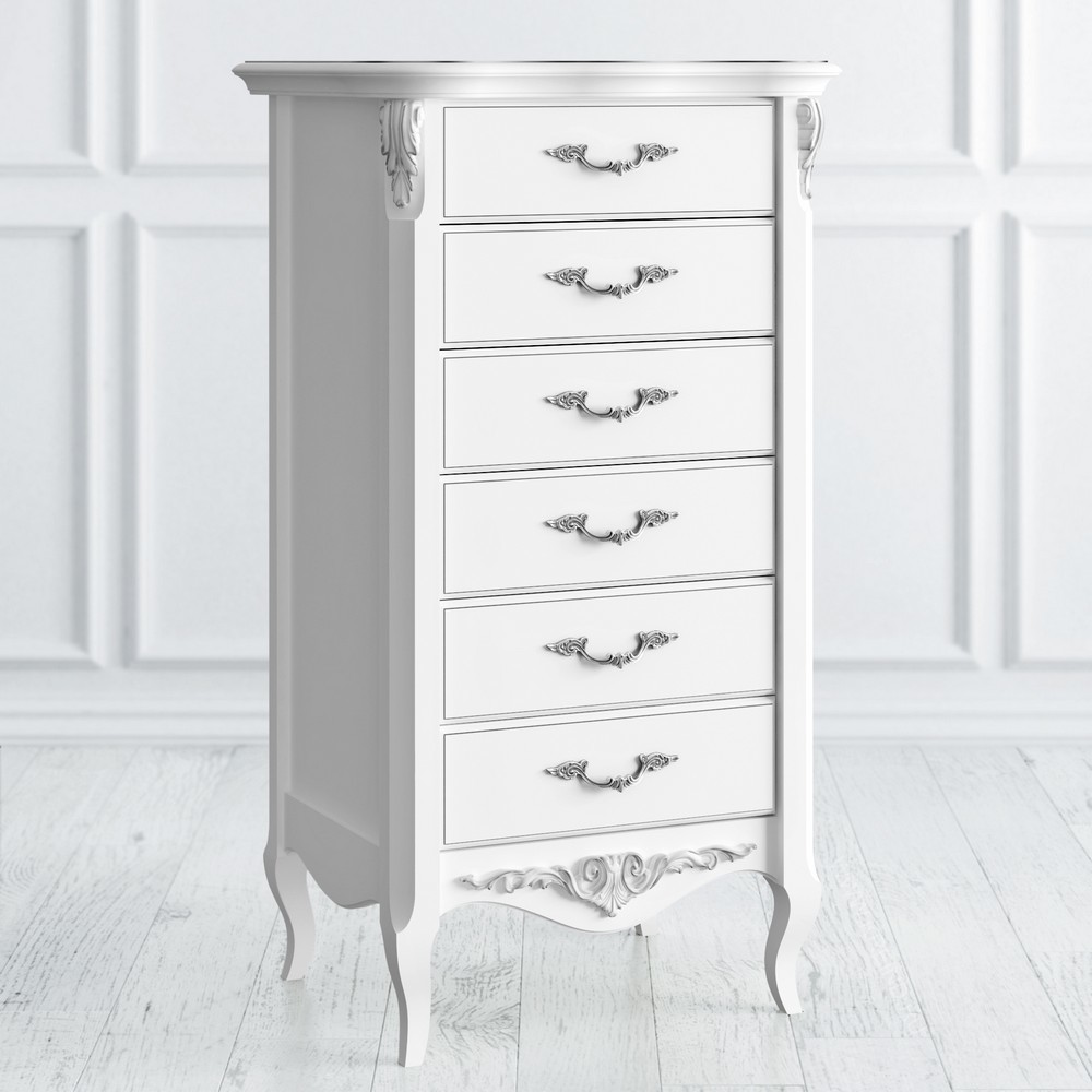 Комод высокий 6 ящиков Silvery Rome Белый с серебряной патиной S108-K00-S Kreind  S108-K00-S Белый с серебряной патиной