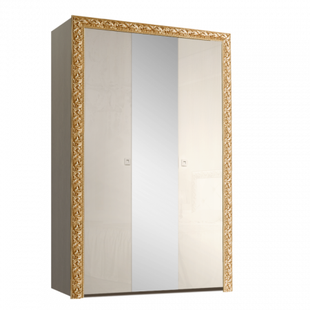Шкаф 3-х дв. для платья и белья (с зеркалом) Тиффани Премиум (Цвет: Слоновая кость золото)