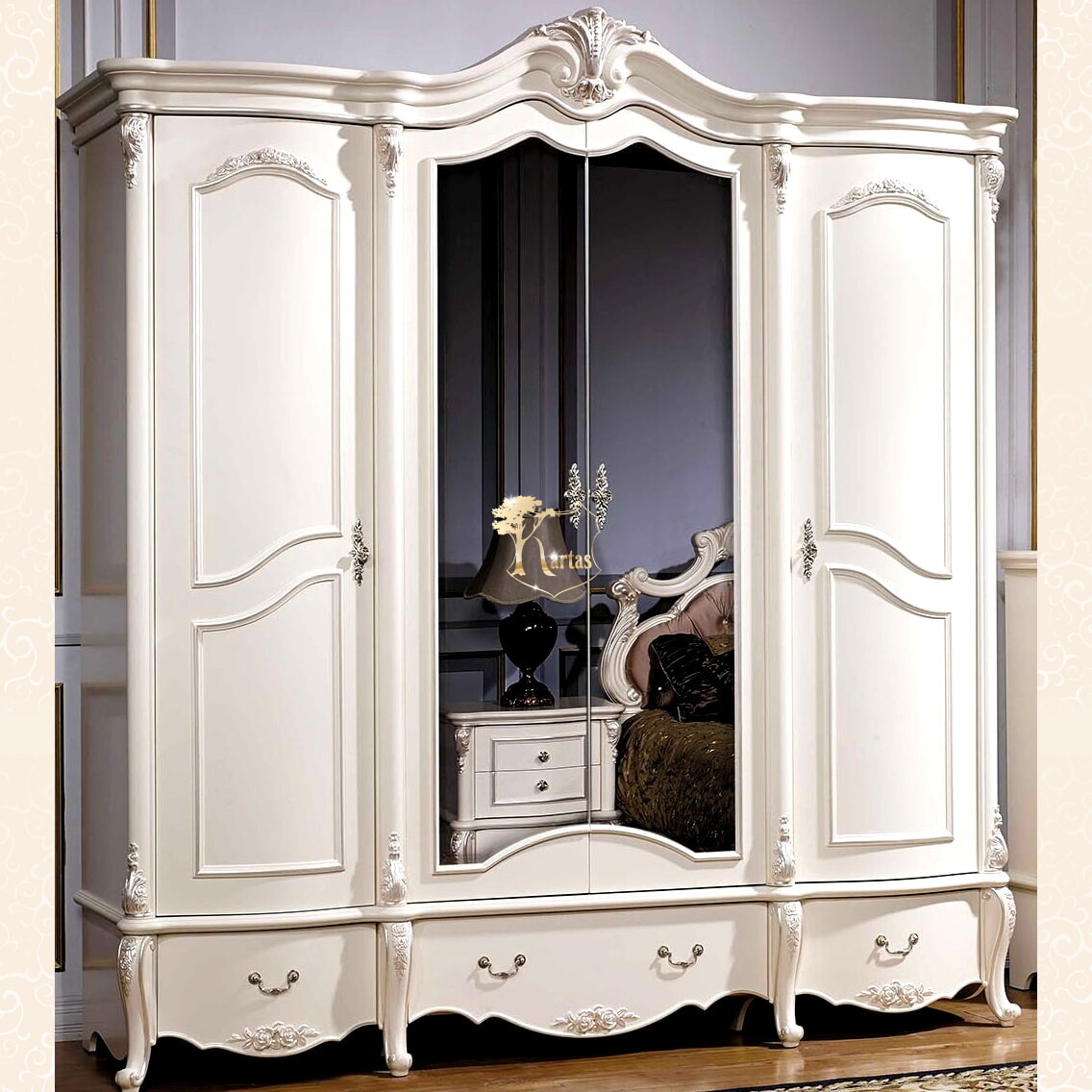 Шкаф 4-х дверный с зеркалом Лоренцо (Цвет: Белый + Жемчуг)  Белый + Жемчуг