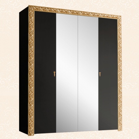 Шкаф 4-х дв. для платья и белья (с зеркалами) Тиффани Премиум (Цвет: Черный золото)