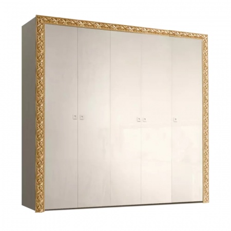 Шкаф 5-х дв. для платья и белья (с зеркалами) Тиффани Премиум (Цвет: Слоновая кость золото)