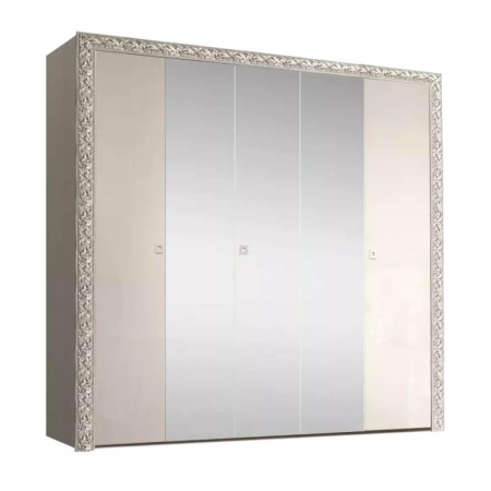 Шкаф 5-х дв. для платья и белья (с зеркалами) Тиффани Премиум (Цвет: Слоновая кость серебро)