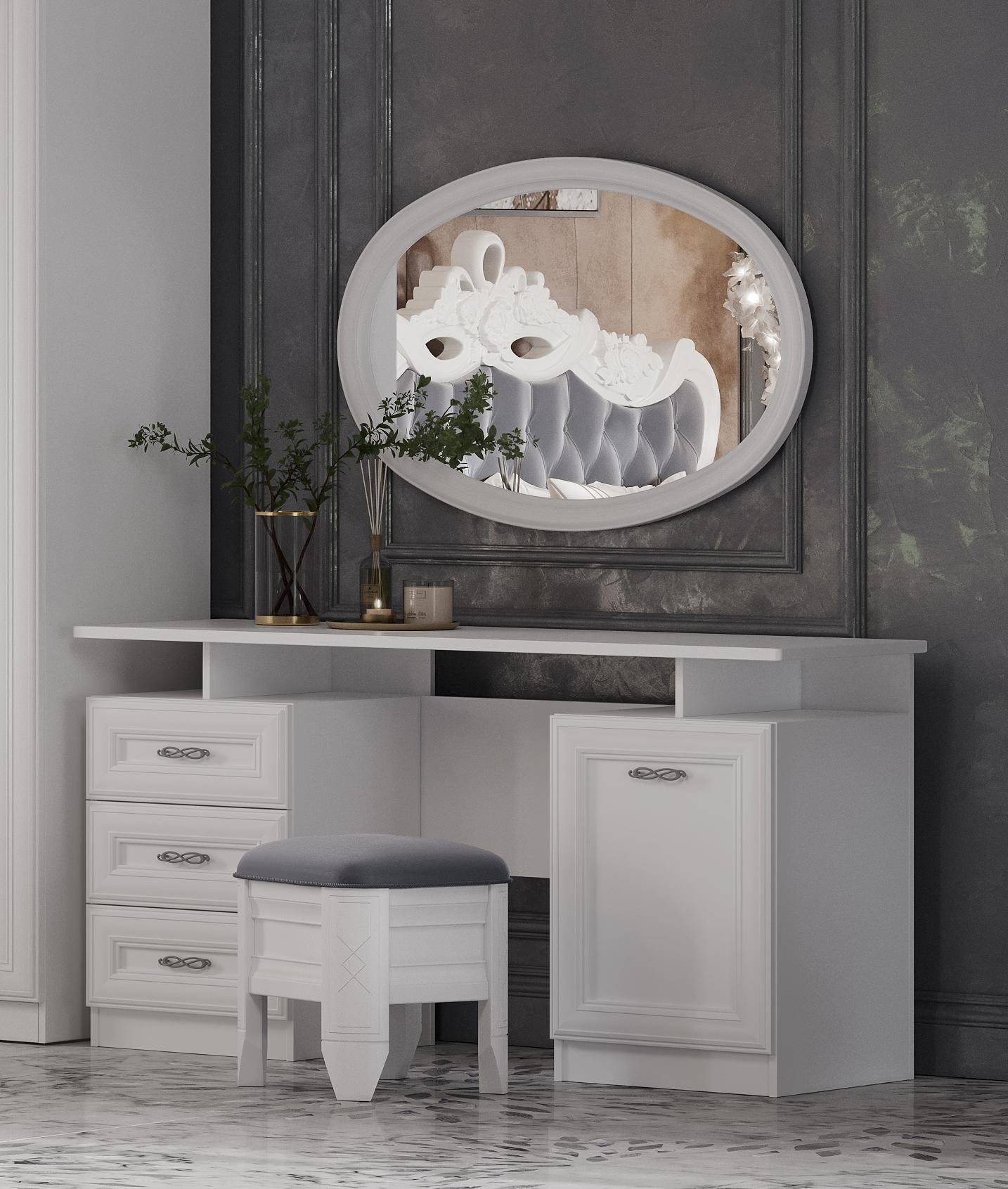 Туалетный стол с зеркалом и пуфом "Анет" (цвет: белый) Туалетный стол с зеркалом и пуфом "Анет" Белый, Велюр серый Белый