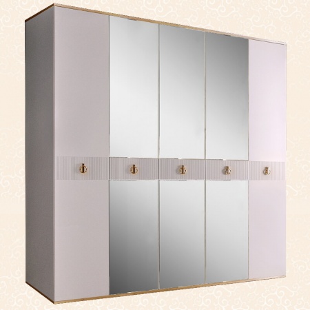 Шкаф 5-ти дв. (с зеркалом) для платья и белья Rimini Solo (Цвет: Белый золото)