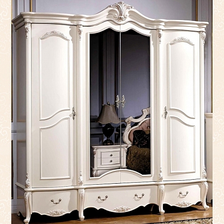 Шкаф 4-х дверный с зеркалом Лоренцо (Цвет: Белый + Жемчуг)