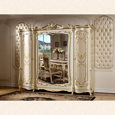 Шкаф 5-ти дверный с зеркалом Магдалена (Цвет: Слоновая кость + Золото)
